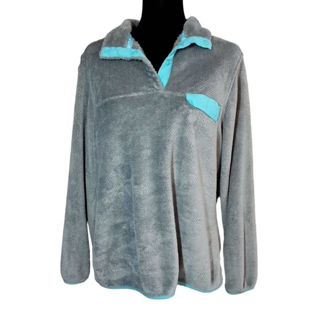 JACH'S CABIN Plush Fleece‎ Unisex Pullover Gray Turquoise size L/XL